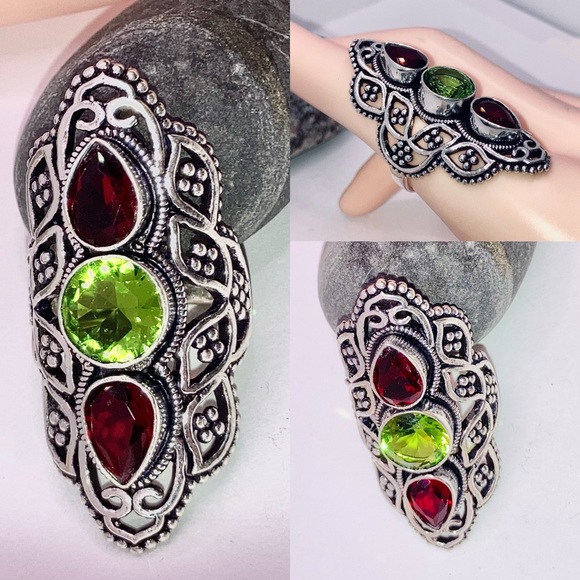 Garnet Peridot Gemstone Handmade Shield Armor Ring - Picture 2 of 5